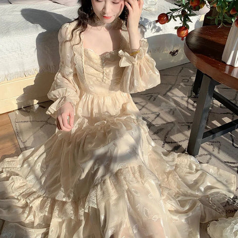 Medieval Romantic French Court Style Dress Womens Spring Flare Sleeve High Waist Elegant Female Dress Vintage Long Dresses