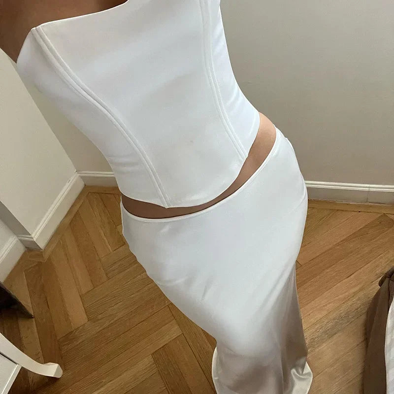 Elegant Fashion Corset Dress Sets Satin Bandage Sexy Backless 2 Piece Sets Summer Outfits for Women Co-ords Set Skirt Sets