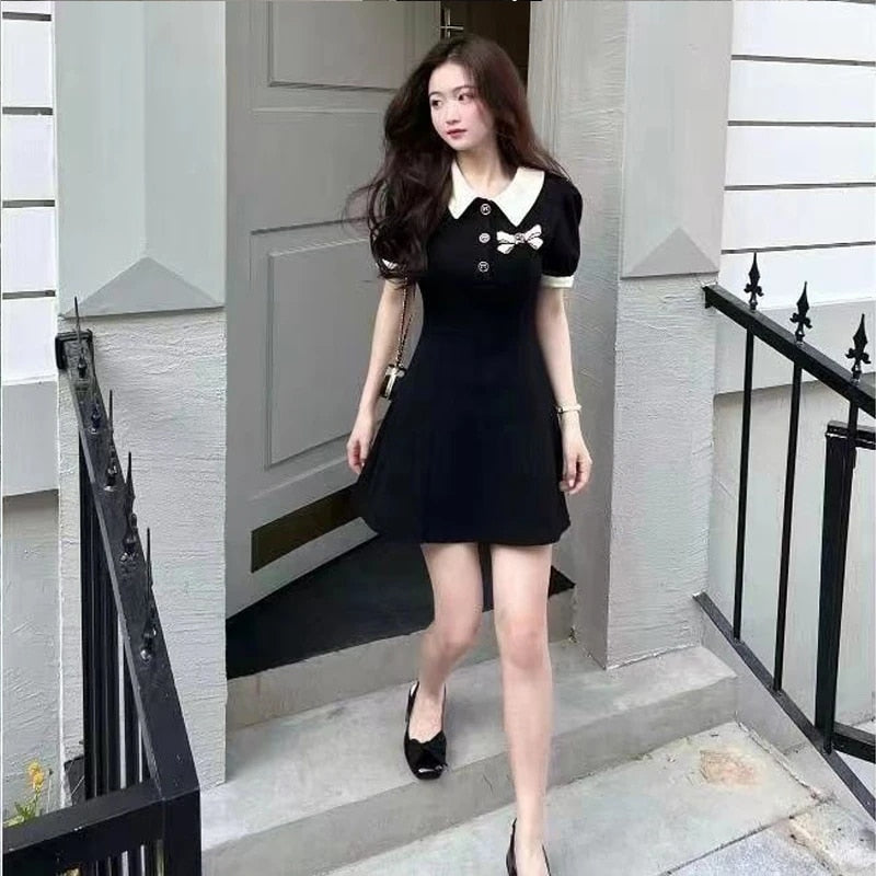 Sweet Dress Women Preppy Style Bow Turn Down Collar Mini Dress Student Korean High Waist Short Sleeve A Line Sundress Y2K