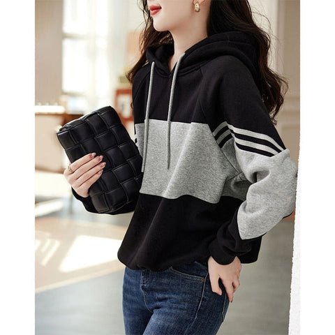 Autumn Winter Loose Casual Patchwork Hoodies Ladies Simple Fashion All-match Pullover Top Women Hooded Sweatshirt Female Clothes