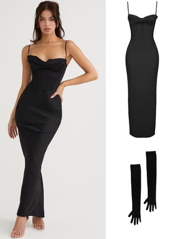 Wedding Guest Dress Women Bodycon Satin Maxi Dress Long Spaghetti Strap Sexy Prom Evening Party Dresses with Glove Purple