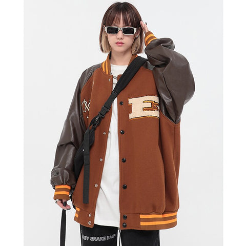 Women's Khaki Patchwork Baseball Jacket Outerwear Vintage Embroidery Letter Long Sleeves Baggy Casual Fashion Tops Autumn Ladies