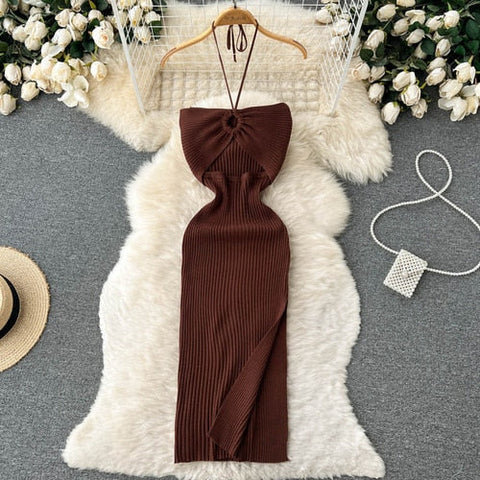 Halter Crochet Bodycone Dress Cut Out Sexy Split Dress Off Shoulder Backless Knit Beach Vestido Women Vacation Fashion Sundress