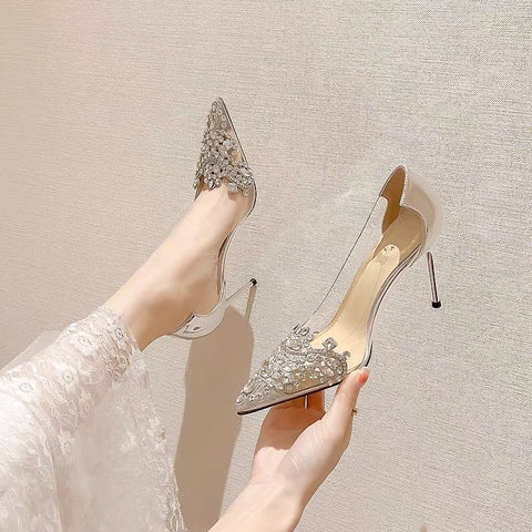 Pointed toe stiletto women's high heels women's shoes fashion women's shoes wedding shoes high heel 8cm transparent bow gemstone