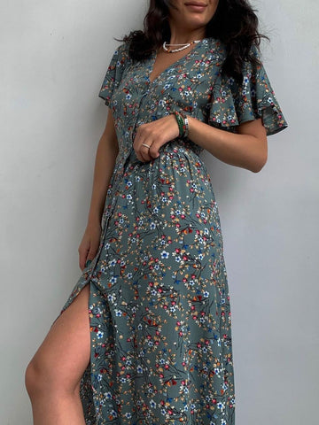 Boho French Style Flower Printed Dress Women V-Neck Elegant Lace-up Sundress Summer Elegantes Para Mujer Maxi Dress Vestido