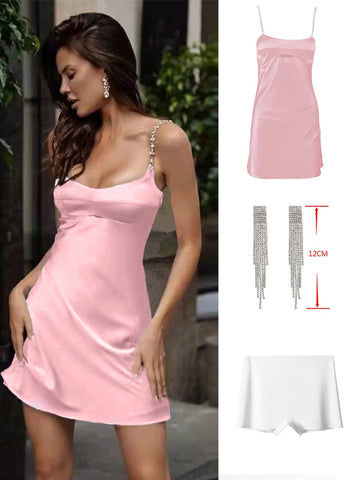 A line Satin White Dress sexy Crystal Stone Strap Club Party Dresses with lining Mini Summer Dresses Woman High Quality