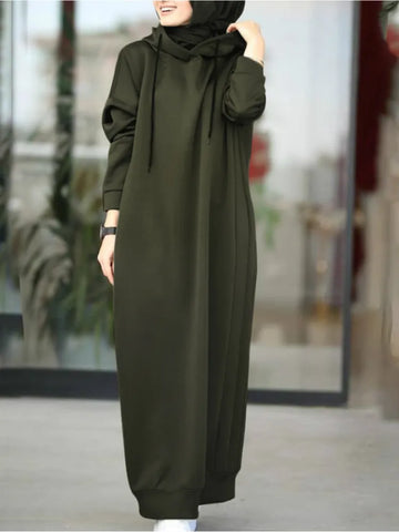 Muslim Dress Women Sweatshirt Dress Stylish Hoodies Long Sleeve Maxi Dress Female Casual Solid Hooded Vestidos Robe S-3XL