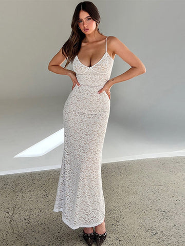 Sexy Solid Lace See Through Women Sling Dresses Fashion Sleeveless Backless Maxi Dress Summer Female Party Club Vestidos