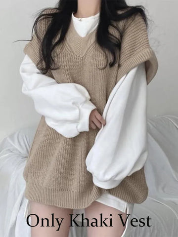 Autumn Winter Sweater Vest Women Korean Fashion Preppy Style Knitted Sweater Female Oversized Casual Loose Sleeveless Pullovers