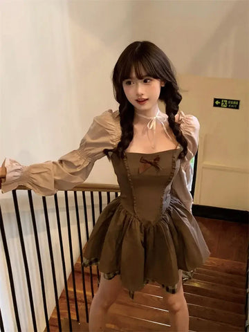 Deeptown Kawaii Korean Style Brown Mini Dress Women Fairycore Cute Lolita One Piece Long Sleeve Tunic Princess Dresses Autumn