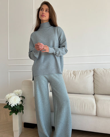 Women Solid Color High Collar Pullover Sweater Set Loose Knitwear Straight Pants Suits Autumn Winter Fashion Office Lady Outfits