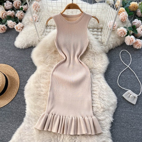 Chic Sexy Sleeveless Bodycone Mermaid Dress Elastic Knit Elegant Vestidos Vintage Summer Women Beach Vacation Fishtail Dresses