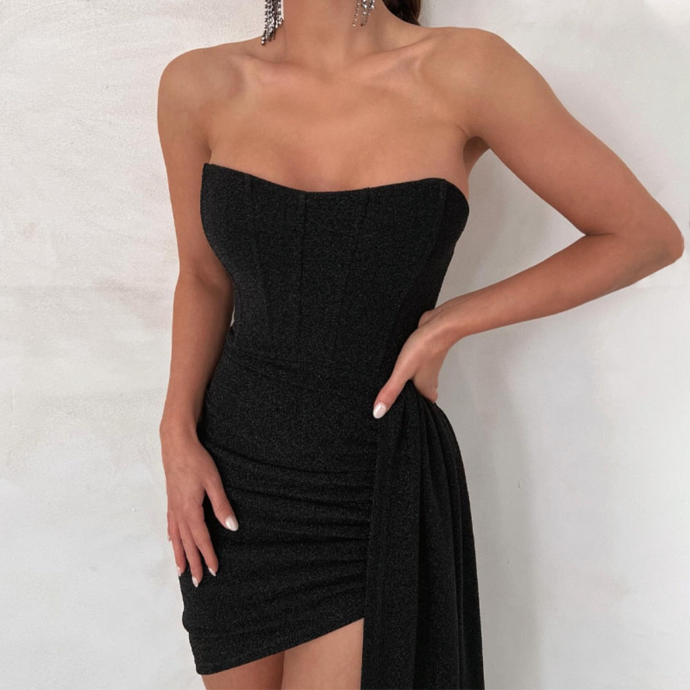 Khaki Mini Strapless Dress Summer Black Bright Silk Corset Bodycon Dress for Women Sexy Backless Evening Party Club Outfits