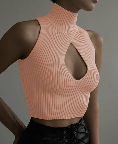 Sexy Cut Out Cropped Tops for Women Knitted Turtleneck Short Tank Tops  Sleeveless Slim Sweater Ladies Casual Vest