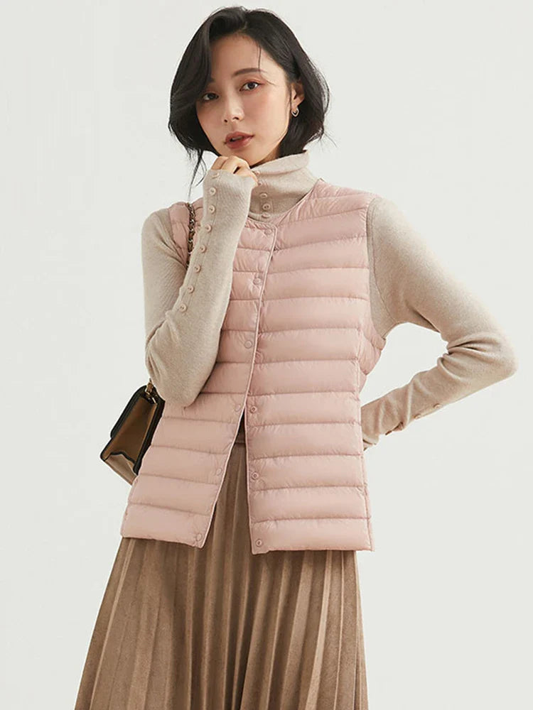 Winter Light Thin Down Short Vest Jacket Women 90% White Duck Down Warm Sleeveless Coat Single Slim Underwaist Outwear