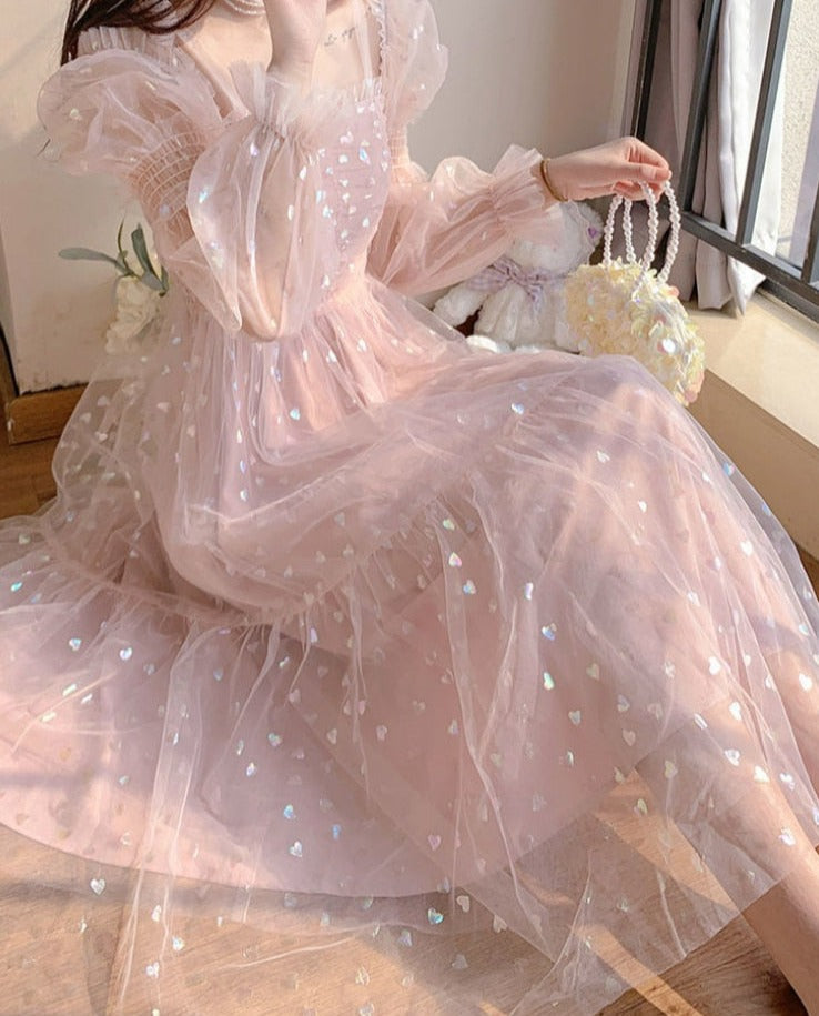 Lace Elegant Sequin Fairy Dress Women Pink Patchwork Vintage Party Midi Dresses Female Casual Sweet Princess Kawaii Dress