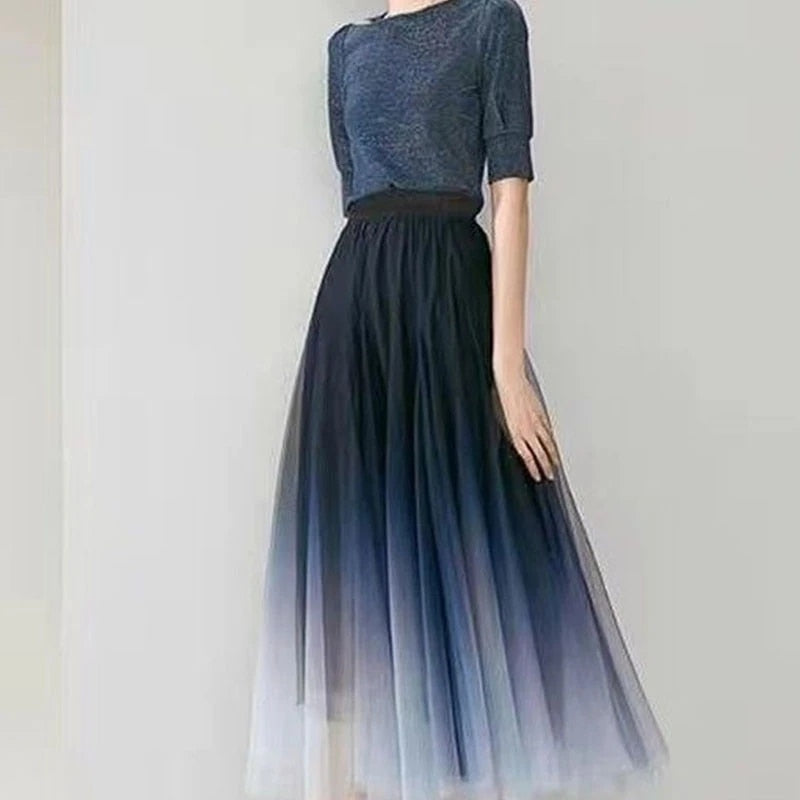 Elegant Tulle Skirts Women High Waist Gradient Mesh Pleated Midi Skirt Korean Elastic Loose Casual All Match A Line Skirt