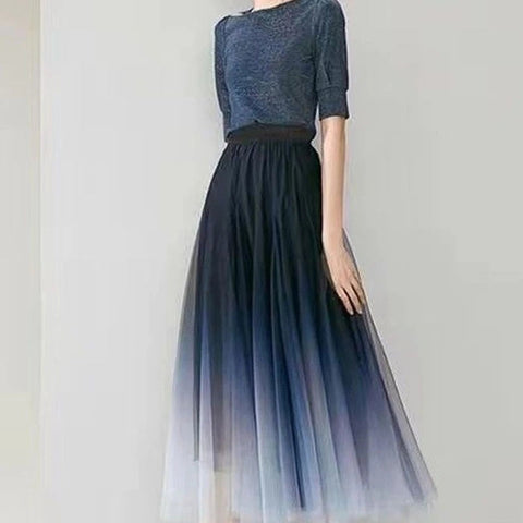 Elegant Tulle Skirts Women High Waist Gradient Mesh Pleated Midi Skirt Korean Elastic Loose Casual All Match A Line Skirt