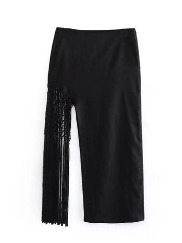 Tassel Hollow Out Maxi Skirt Sets Female Black Summer Sexy 2 Piece-Set Backless Lace-Up Crop top And Long Skirt Outfits