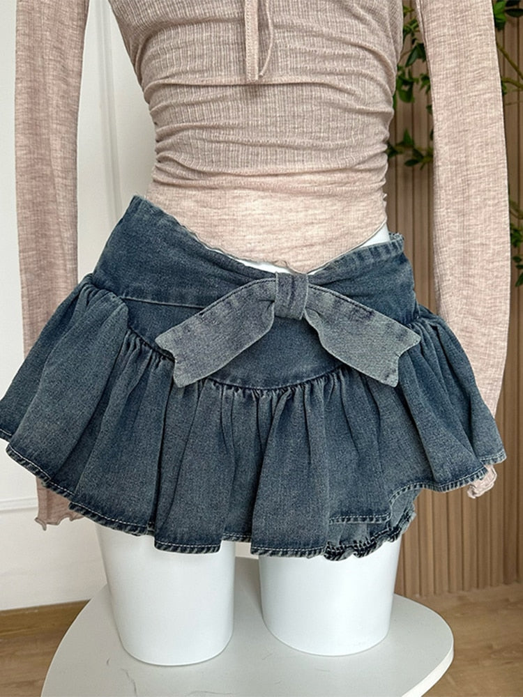 A-line Women Denim Blue Jean Skirts Shorts Summer Bow Hot Girls Mini Skirt Streetwear Sexy Y2k Irregular Kawaii Coquette