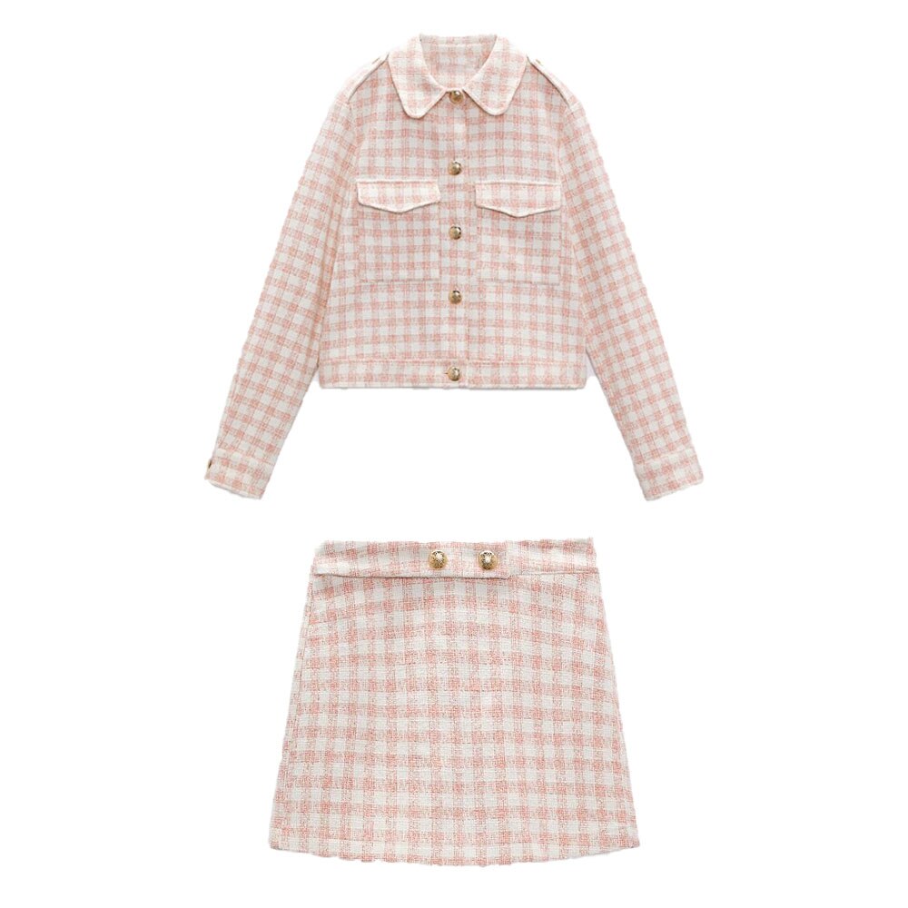 ZA spring new sweet girl pink checkerboard pattern suit jacket + temperament high waist checkerboard pattern casual shorts