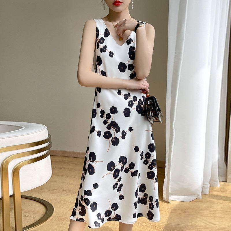 Explosive French Acetate Sling Dress Women's Summer New Waist Long Skirt High-End Printed Skirt Suit Matching