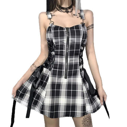 Kawaii Lolita Plaid Mini Dress Gothic E Girl Y2k Dresses Ulzzang Sweet Aesthetic Sets Sundress Fairy Grunge Cute Mall Dresses