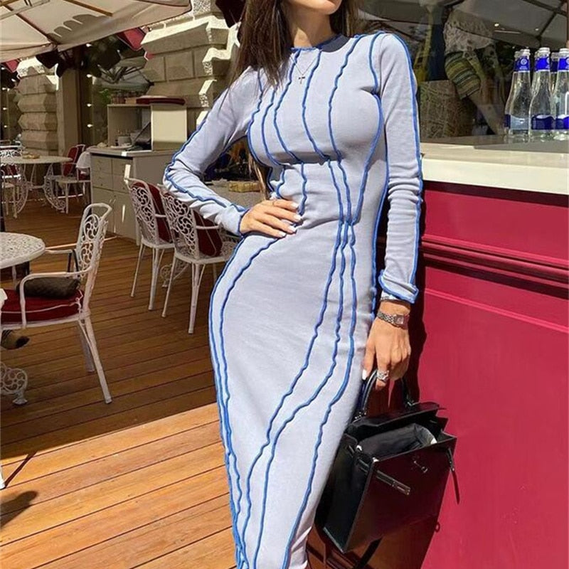 Women Bodycon Dress Sexy Hip Package Midi Dresses Female Slim O-neck Long Sleeve Party Club Lady Vestidos Spring