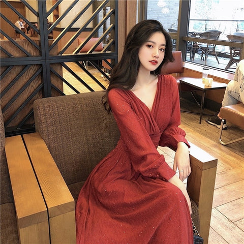 Vintage Sexy Maxi Dresses for Women Party Sequin Midi Dress Female Casual Chiffon Slim Korean Woman Dress Elegant Autumn