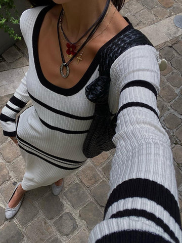 Pbong - Striped Long Dresses Women Elegant Chic Bodycon White Knitted Dress Female Autumn Winter Causal Long Sleeve Warm Sweater Dress