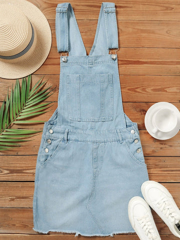 Women's Frayed Hem Adjustable Strap Denim Overall Dress Classic Casual Mini Jean Dresses Pocket Sleeveless Suspender Short Skirt