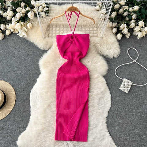 Halter Crochet Bodycon Dress Cut Out Sexy Split Dresses Off Shoulder Backless Party Vestido Korean Women Chic Fashion Robe Y2k