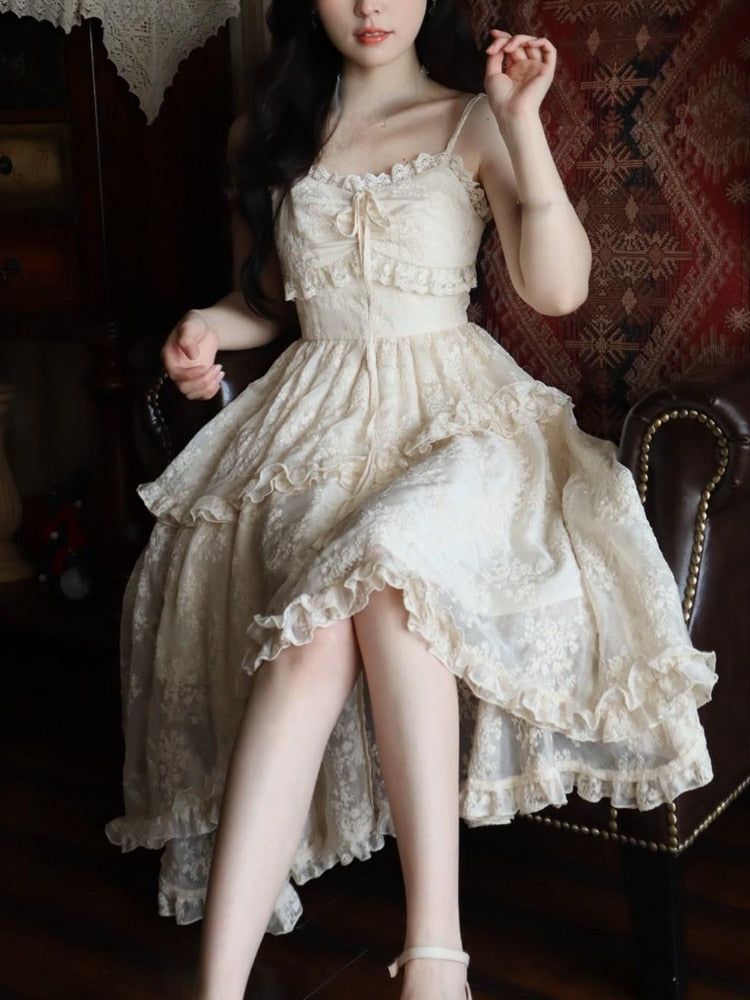 Lace Elegant Sweet Midi Dresses Women Japanese Kawaii Fairy Vintage  Dress Female Casual Cute Vintage Strap Dress Summer