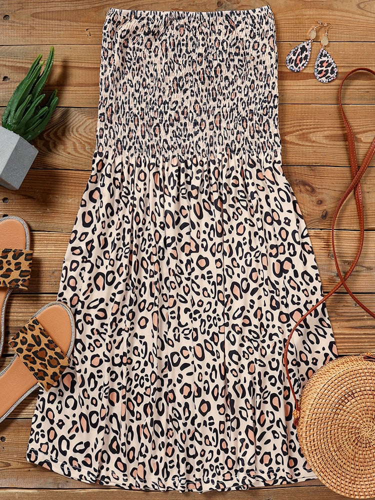 Leopard Strapless Dress for Women  Summer Beach Boho Smocked Tube Top Dress Flowy Sexy Bandeau Skater Dress Mini Sundress