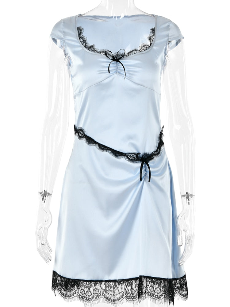 Elegant Lace Sleeveless Bow Satin Sexy Dress for Women Club Party Backless Tank Dresses Skinny Fashion Summer
