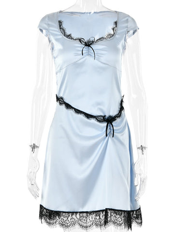 Elegant Lace Sleeveless Bow Satin Sexy Dress for Women Club Party Backless Tank Dresses Skinny Fashion Summer