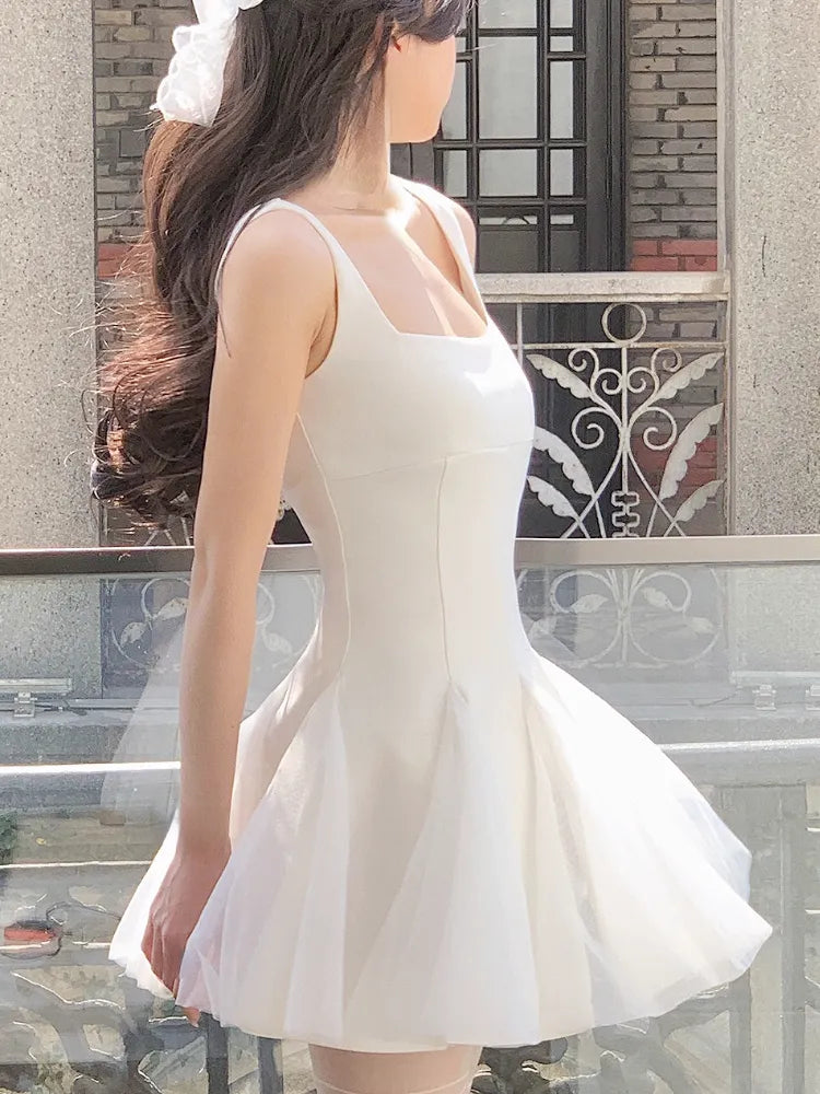 Summer Elegant Y2k White Mini Dress Women Fairy Evening Party Strap Dress Retro Sleeveless Mesh Dress Korean Vestido Sundress