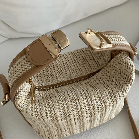 Woven Beige Grass Crossbody Bag Boho-chic Handbag Crochet Straw Shoulder Bag Summer Beach Bag Women Makeup Bag Travel Bag