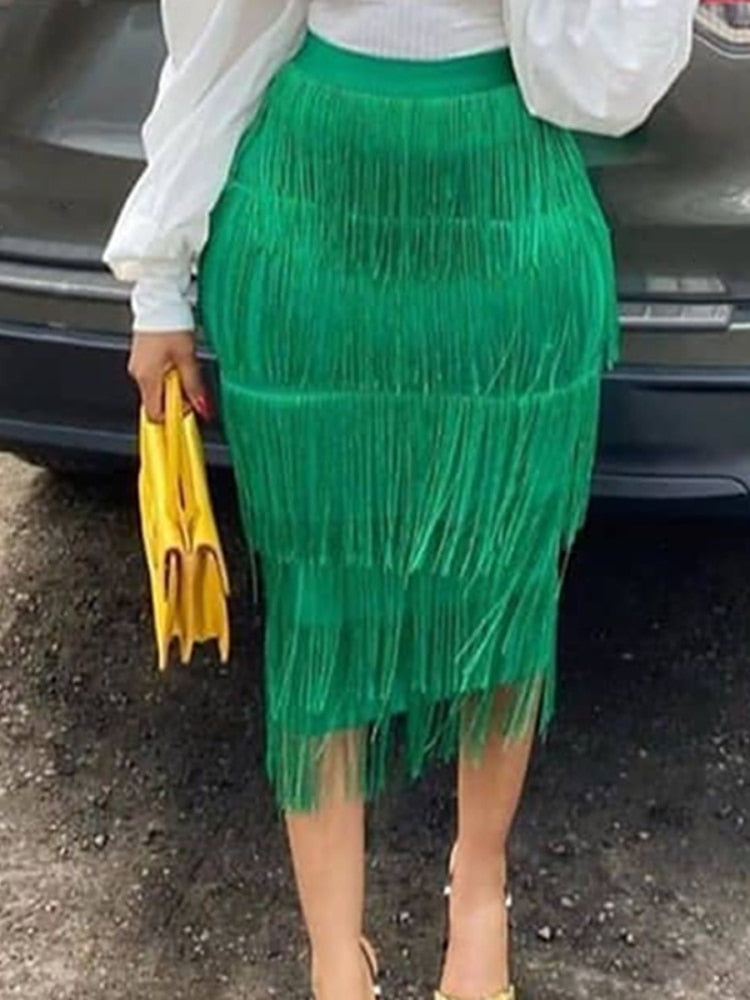 Women Fringe Bodycon Pencil Skirts Black Tassel High Waist Stretch Sheath Midi Length Ladies Slim Elegant Saias faldas Big Size Pbong  mid size graduation outfit romantic style teen swag clean girl ideas 90s latina aesthetic