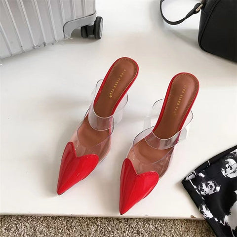 PVC Women Mules Pointed Toe Slip On Patchwork Hearts Patent Leather Elegant Thin High Heel Slip On Lady Pumps