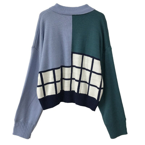 Oversized Women Polo Preppy Style O-Neck Knitted Loose Sweaters Full Sleeve Female Patchwork Pullovers Jersey Jumpers S209