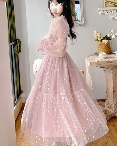 Lace Elegant Sequin Fairy Dress Women Pink Patchwork Vintage Party Midi Dresses Female Casual Sweet Princess Kawaii Dress