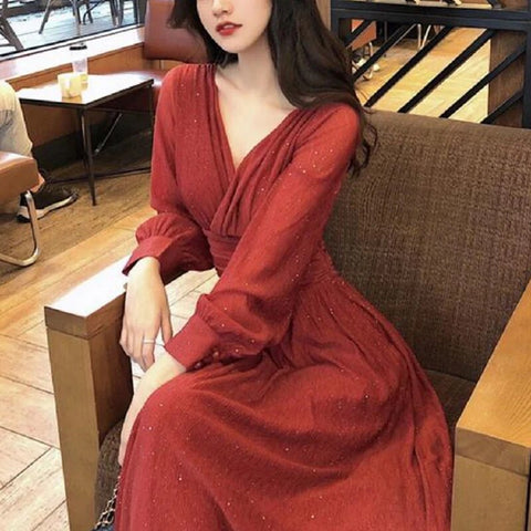 Spring Autumn V-neck Elegant Fashion Sequins Dresses Women Long Sleeve Temperament Evening Party Maxi Dress Robe Femme Vestidos