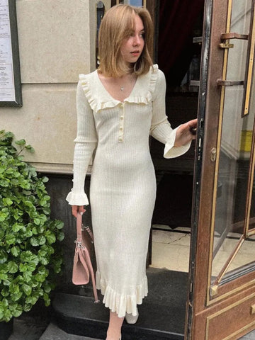 High Waist Ruffled Maxi Dresses For Women Autumn Winter Knitted Slim Long Dress Women's Vintage Dress Woman Retro Elegant