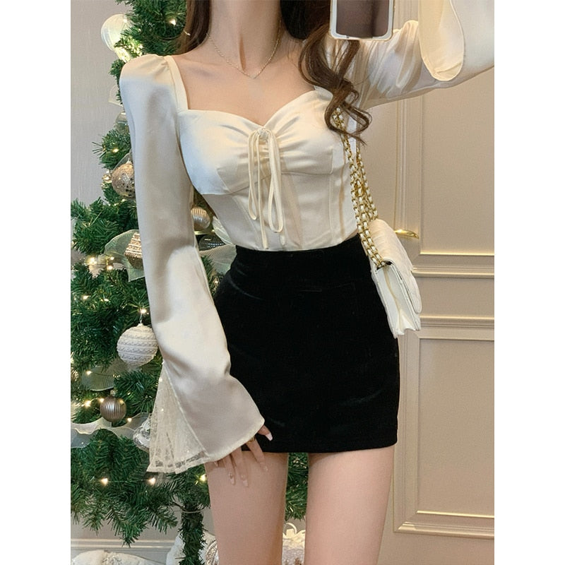 Spring Long Sleeve Elegant Satin Blouse Women Slim Square Neck Y2k Clothing Korean Fashion Casual Shirts Office Lady Tops