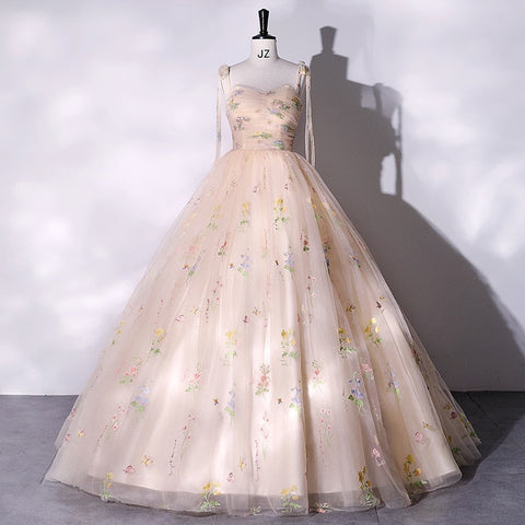 Fashion Spaghetti Strap Quinceanera Dresses New Champagne Colorful Floral Tulle Ball Gown Simple Sweet Fairy Vestido De Baile