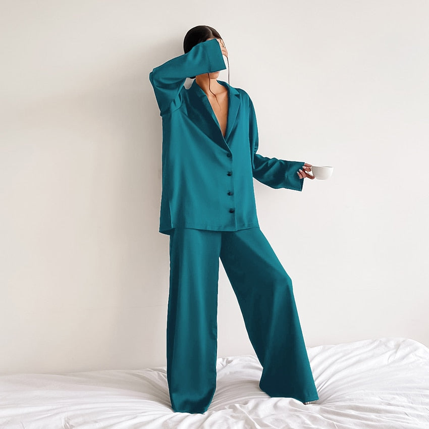 Oversized Satin Silk Sleepwear Low Cut Sexy Pajamas For Women Single-Breasted Long Sleeves Wide Leg Pants Trouser Suits