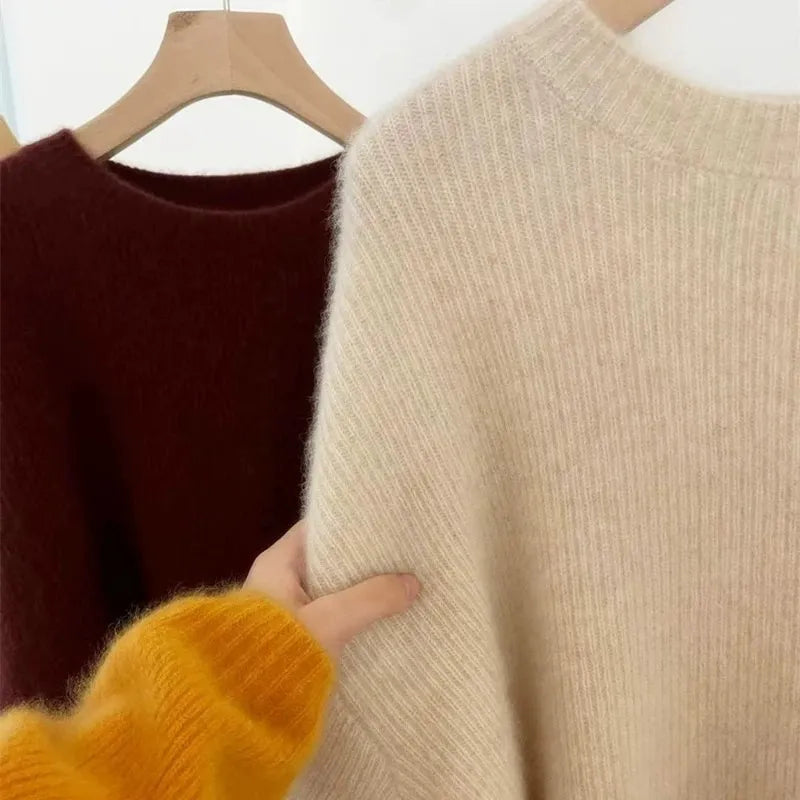 European goods autumn winter new round neck cashmere sweater female thick languid lazy wind dark gray sweater loose knit sweater