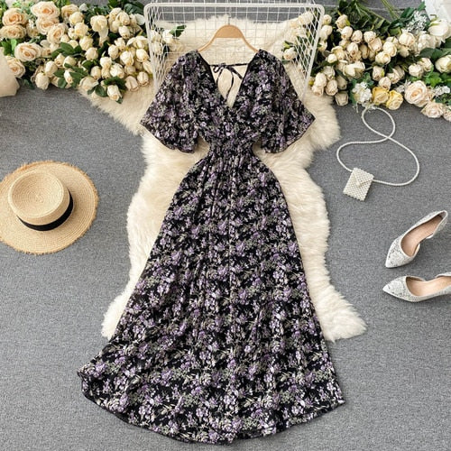 Retro Floral Print Ruffle Chiffon Elegant Midi Dress A-line V Neck Beach Vacation Dress Women Korean Fashion Summer Vestidos