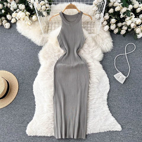 Halter Sleeveless split Basic Elastic Knit Bodycon Dress French Sexy Chic Elegant Party Vestidos Women Summer Slim Women Dress